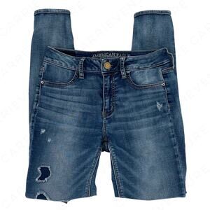 Ripped Distressed Blue Jeans Hi-Rise Jegging Super Stretch American Eagle Size 4